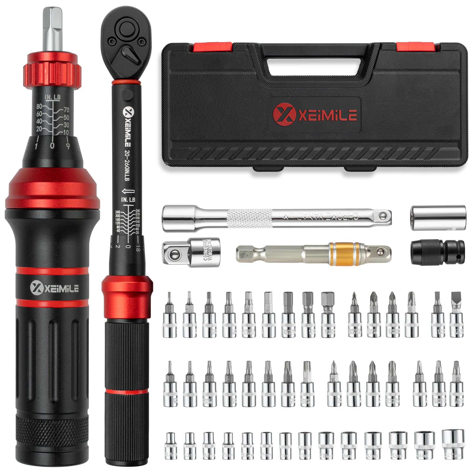XEIMILE 52Pcs torque wrench and screwdriver set with precision scales for accurate tightening.