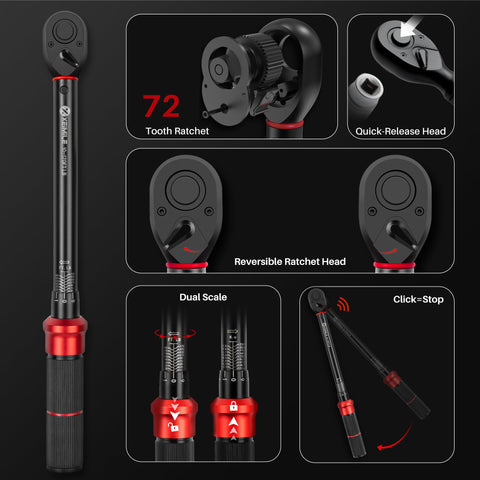 XEIMILE 1/2 drive torque wrench with 72-tooth bidirectional ratchet