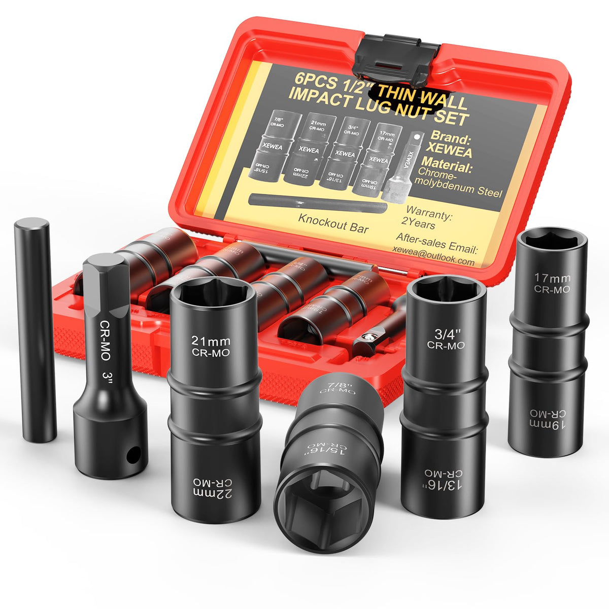 XEWEA 6PCS lug nut impact socket set with 1/2-inch drive for fast wheel changes