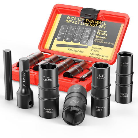 XEWEA 6PCS lug nut impact socket set with 1/2-inch drive for fast wheel changes
