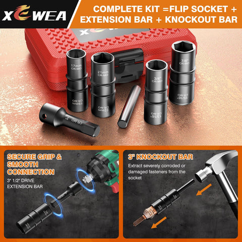 XEWEA flip-socket dual-end set covers 17–22 mm for quick size swaps