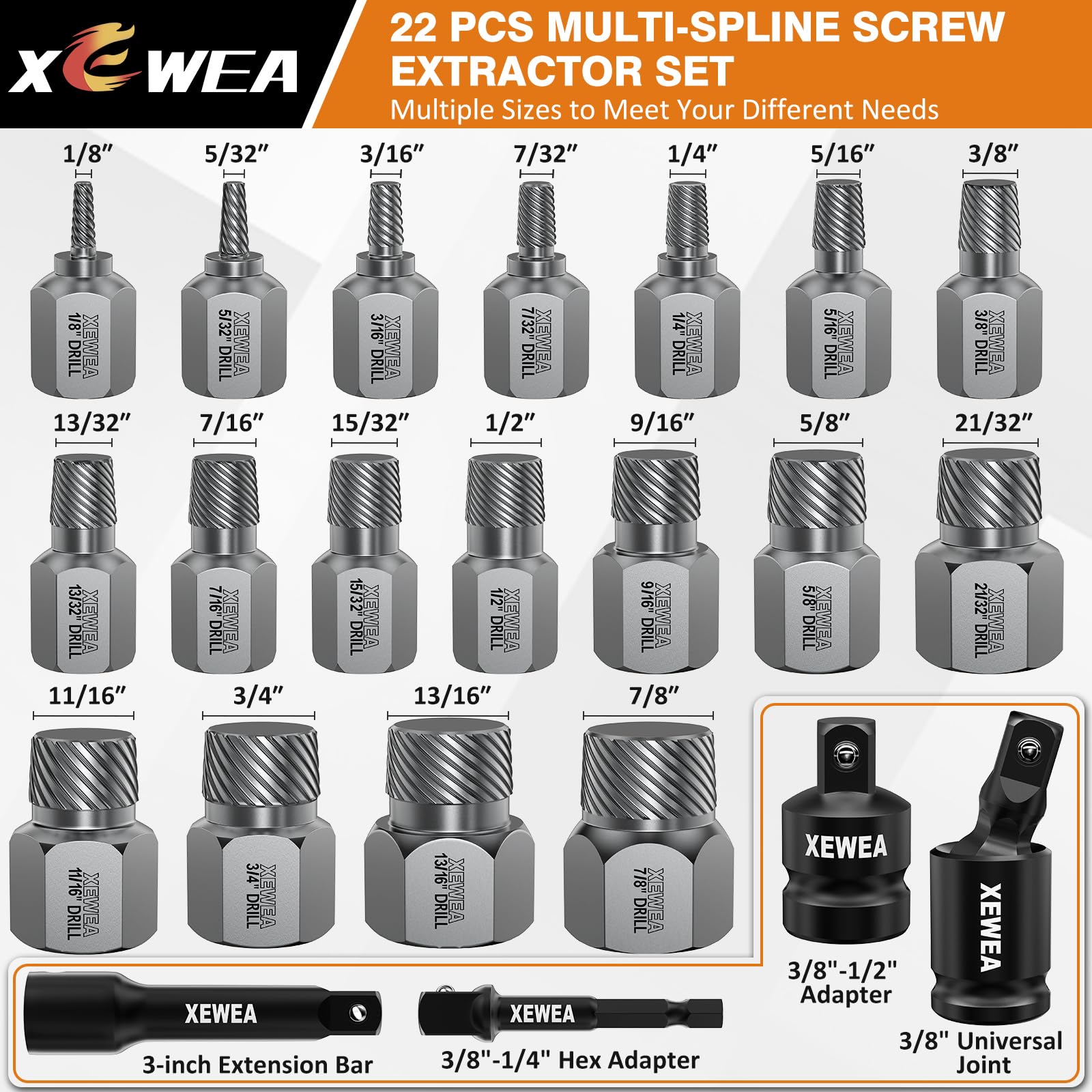 XEWEA multi-spline extractors deliver strong grip on damaged bolts and screws.
