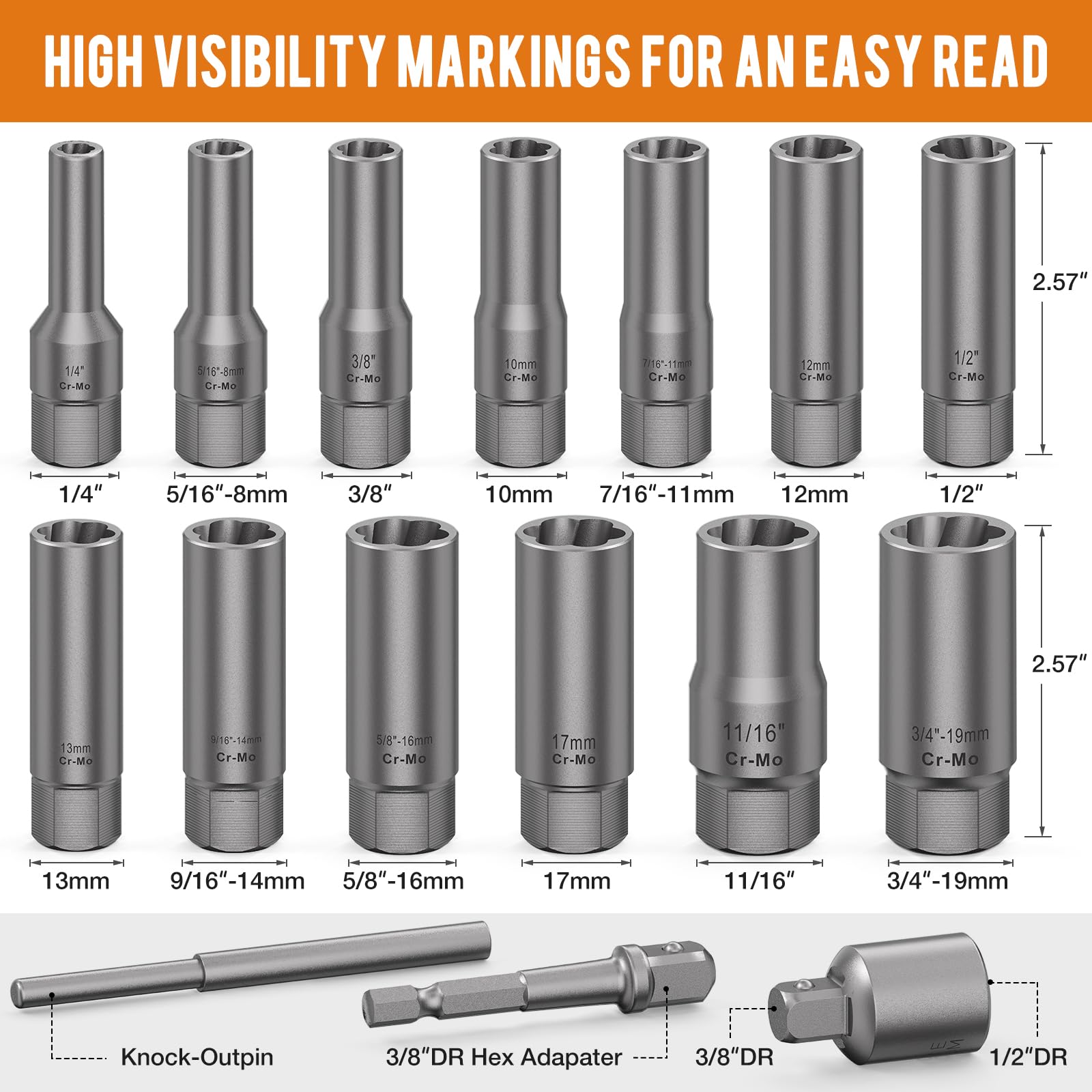 XEWEA spiral deep-well extractors shown in narrow space design for hard-to-reach bolts.