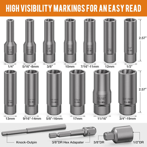 XEWEA spiral deep-well extractors shown in narrow space design for hard-to-reach bolts.