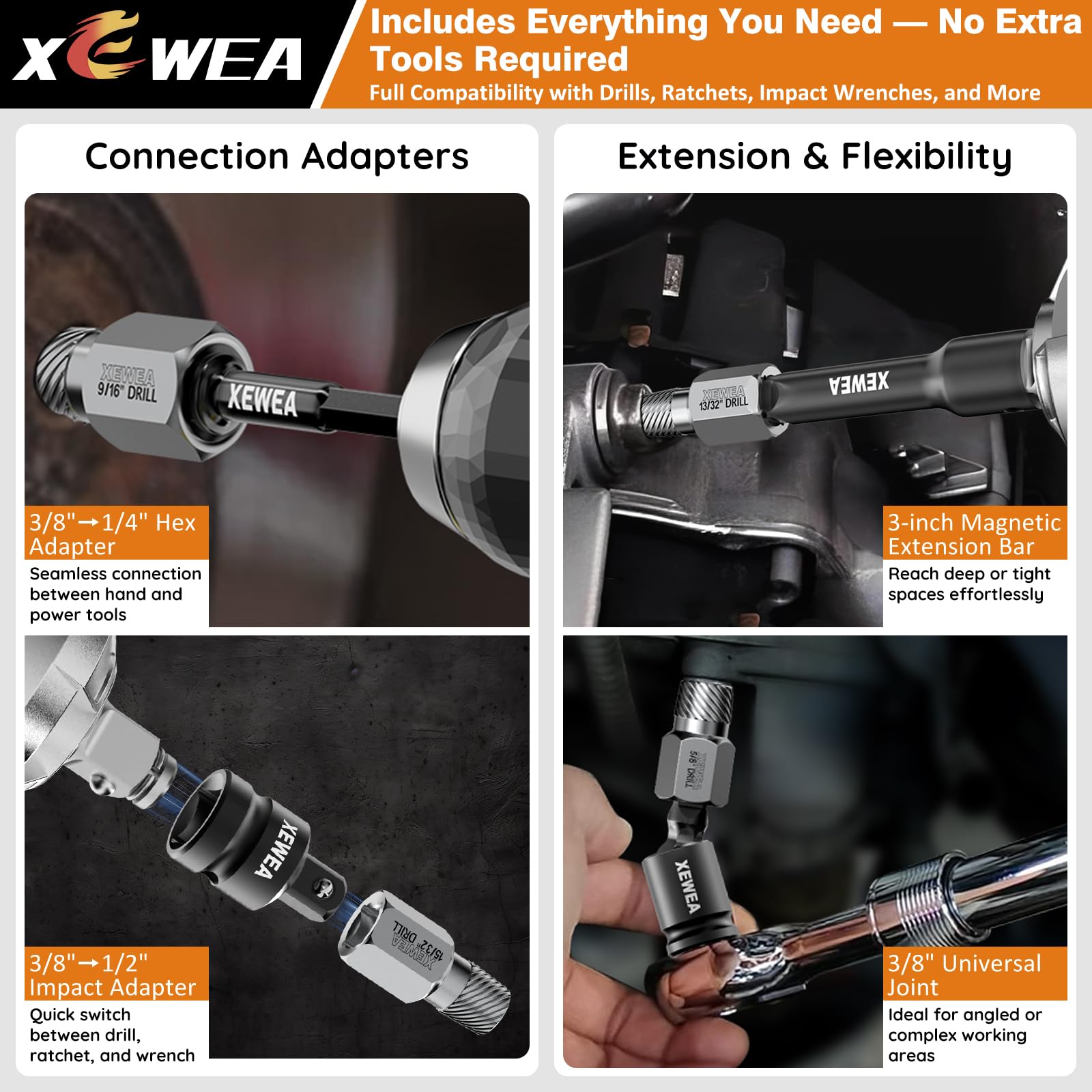 XEWEA upgraded 3/8-drive design connects to impact wrenches and drills.