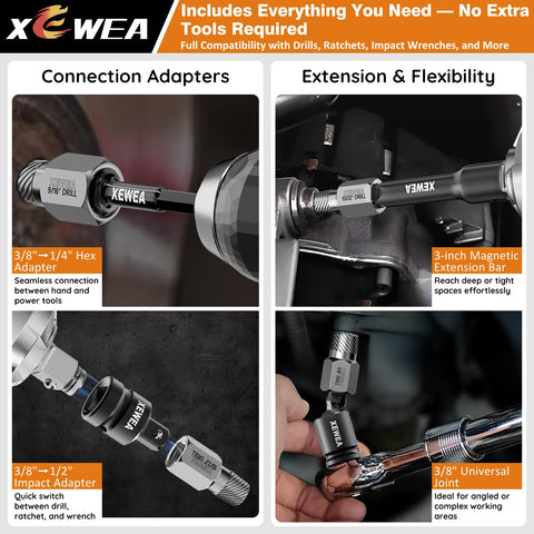 XEWEA upgraded 3/8-drive design connects to impact wrenches and drills.