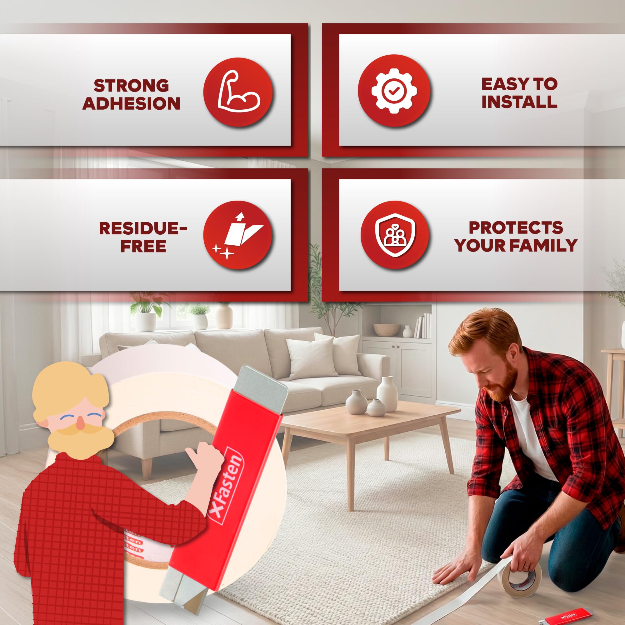 XFasten carpet tape applied on hardwood floor showing strong hold.