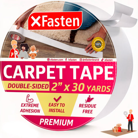 XFasten double-sided carpet tape on hardwood floor showing secure grip