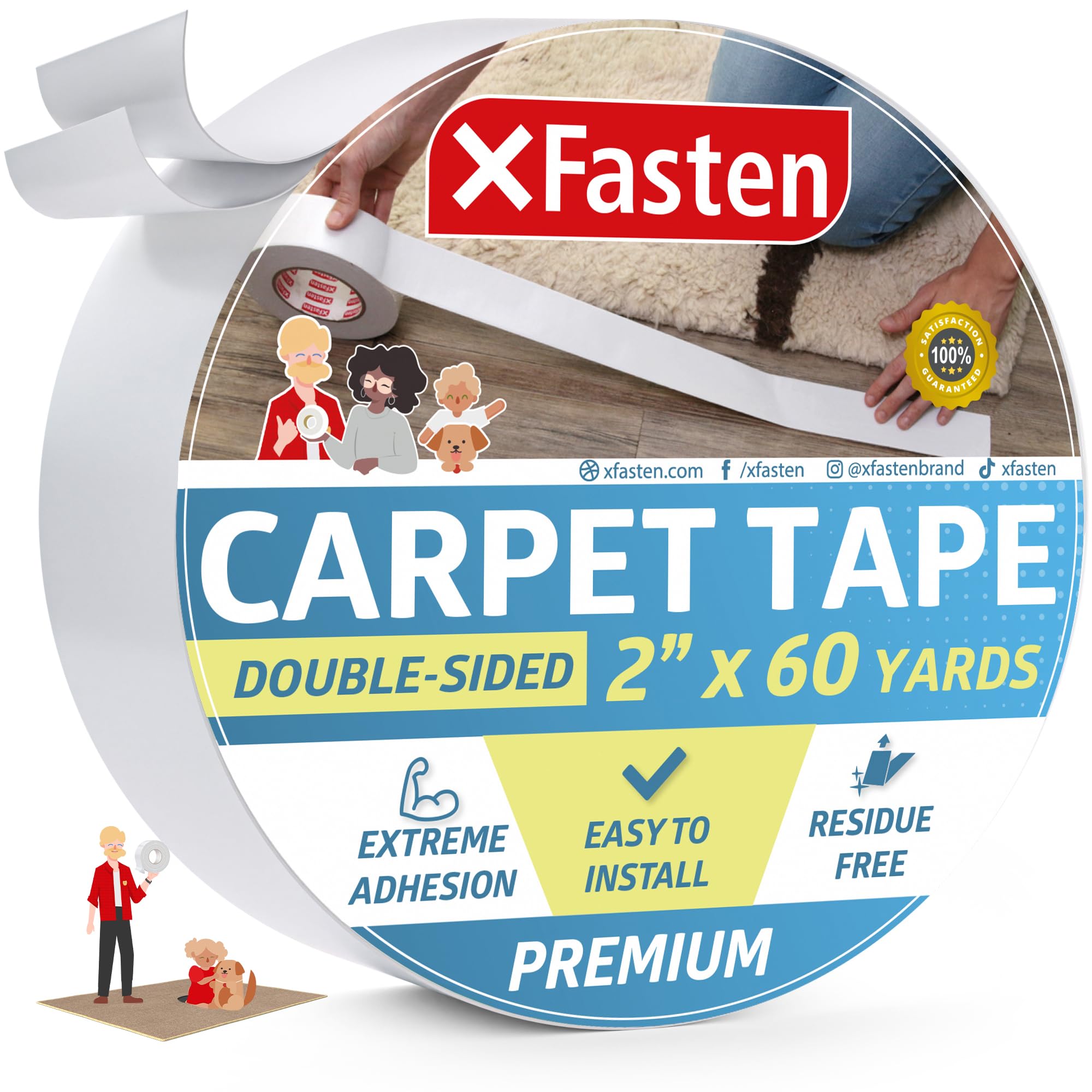 XFasten double-sided carpet tape securing rugs on hardwood floors for a stable hold