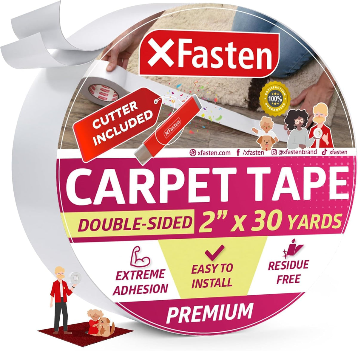 XFasten double-sided carpet tape roll securing rugs with strong grip.