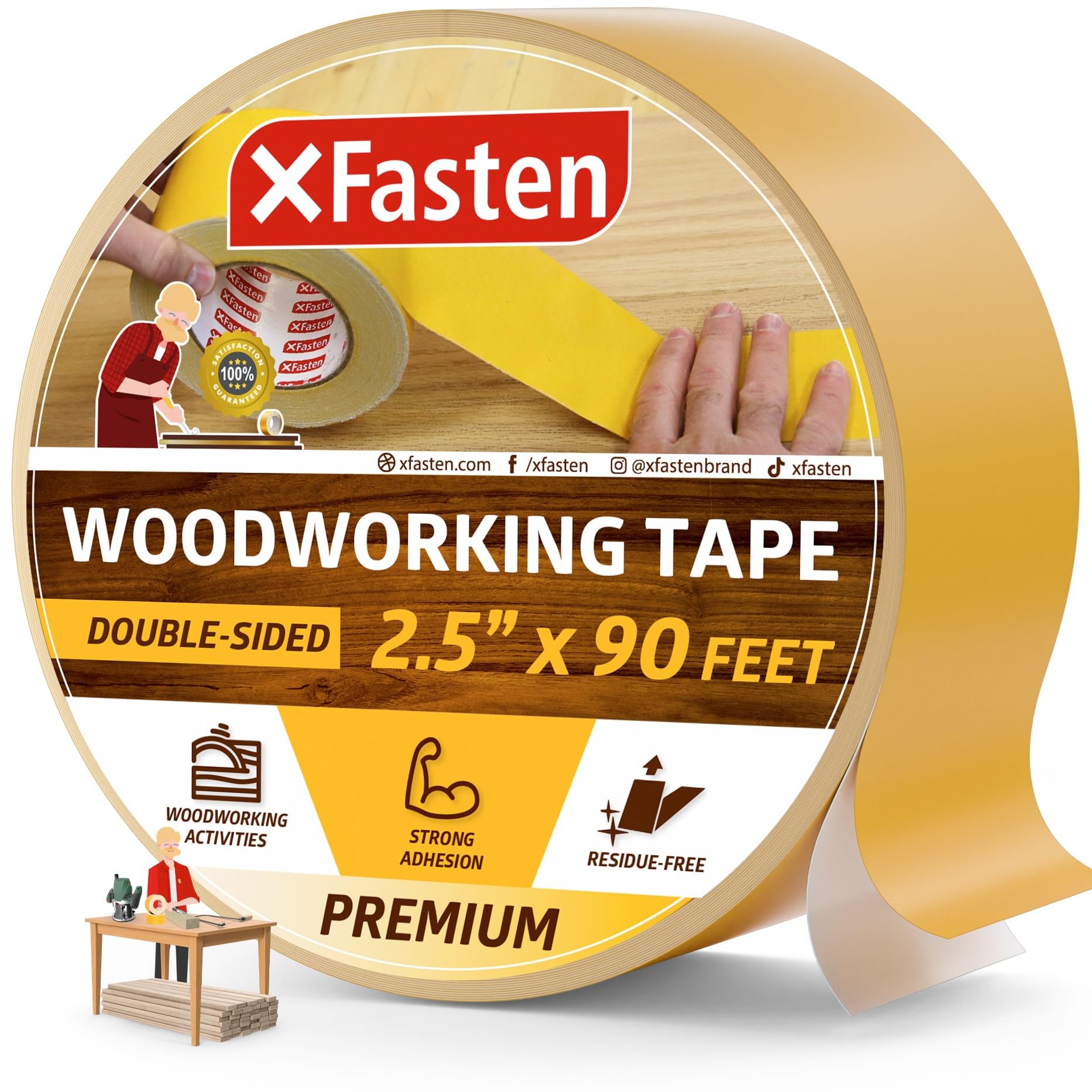 XFasten double-sided woodworking tape with yellow backing, ideal for splicing and routing.