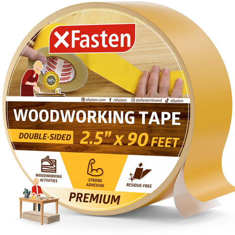 XFasten double-sided woodworking tape with yellow backing, ideal for splicing and routing.