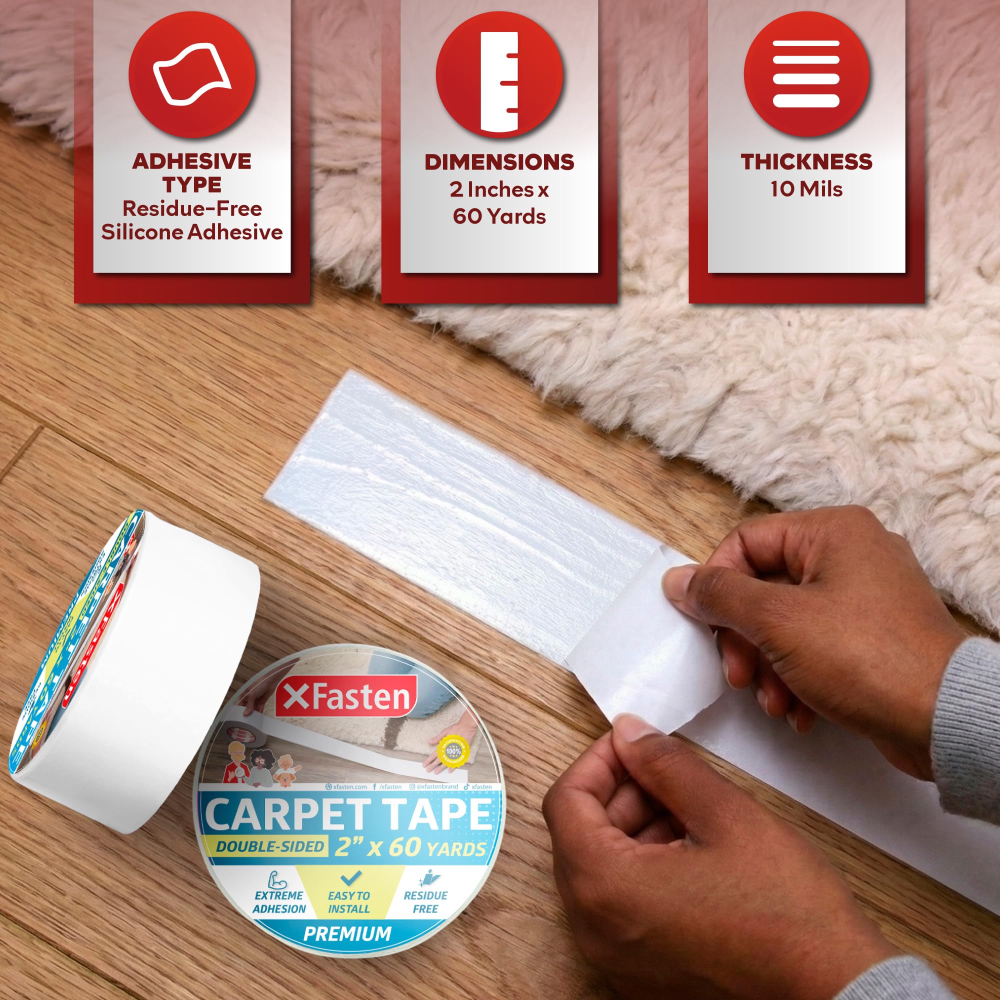 XFasten residue-free carpet tape peels away cleanly