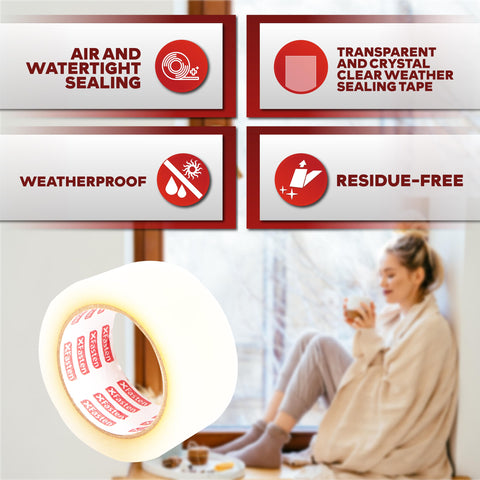 XFasten transparent weather tape with anti-curl backing for reliable sealing