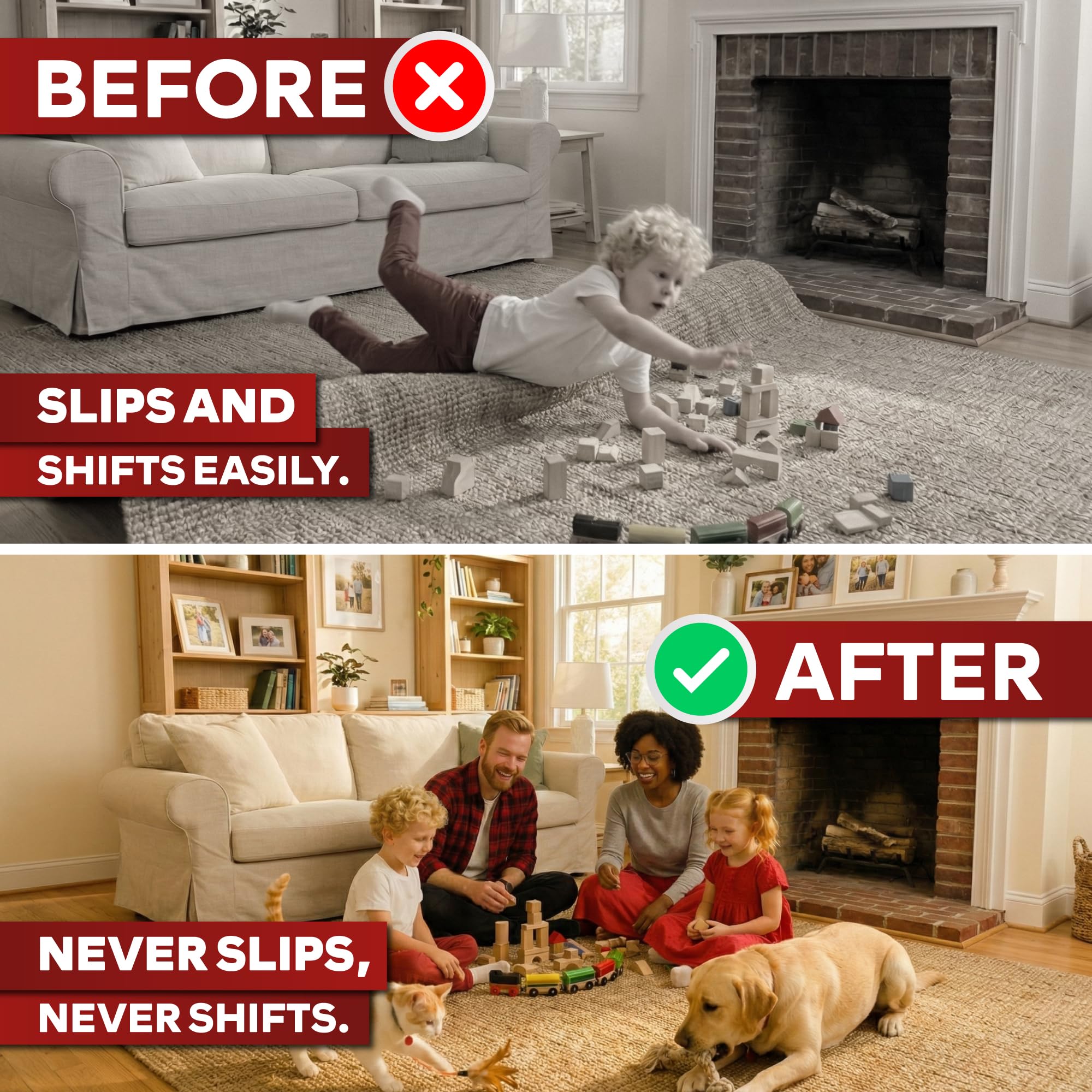 XFasten vacuum-friendly repositionable rug tape in living room