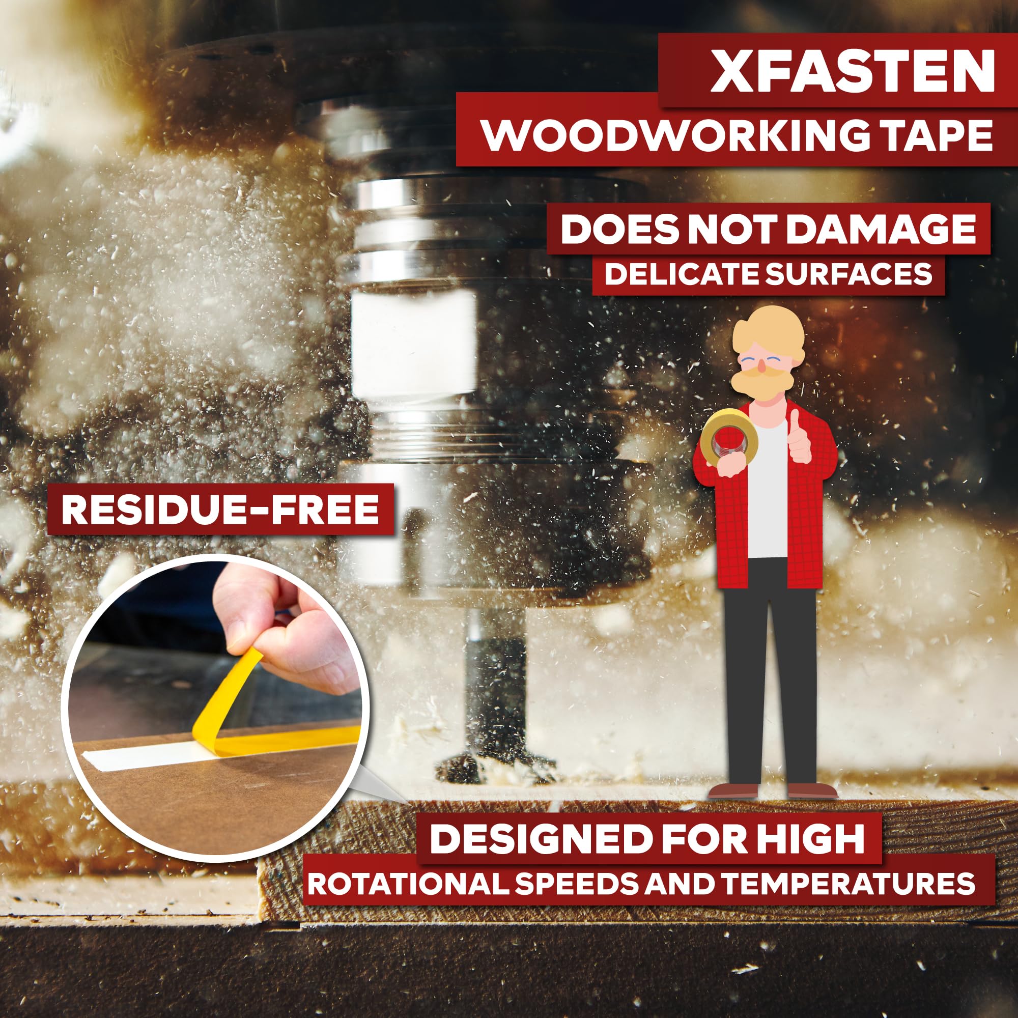 XFasten wood template tape adheres securely for precise masking during cutting.