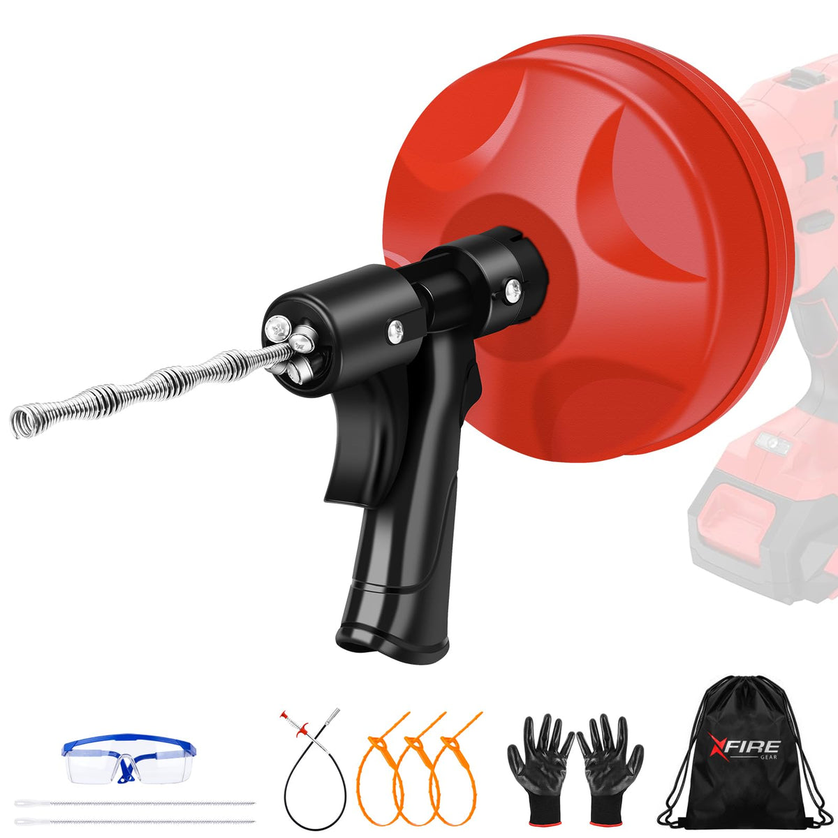 XFIRE-GEAR 35 ft drain snake in action with spiral head clears hair clogs