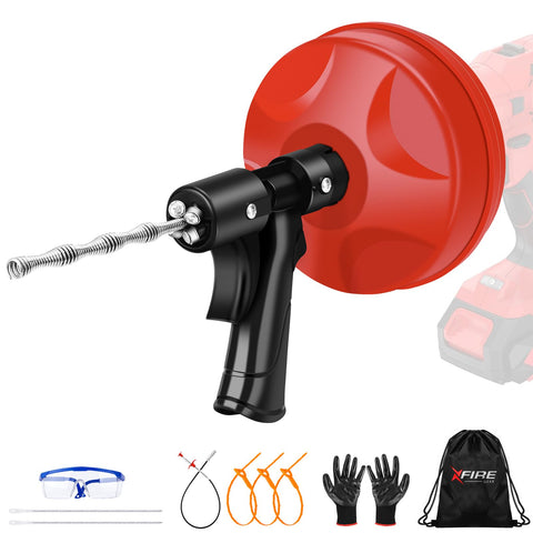XFIRE-GEAR 35 ft drain snake in action with spiral head clears hair clogs