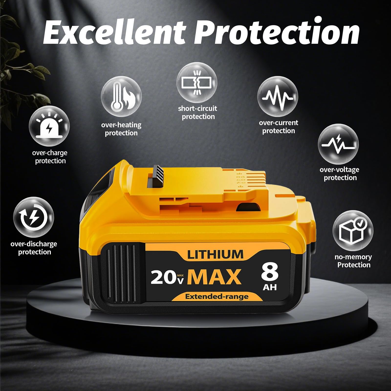 XFKJOR 8000mAh replacement battery with capacity indicator for DCB203, rugged Dewalt replacement