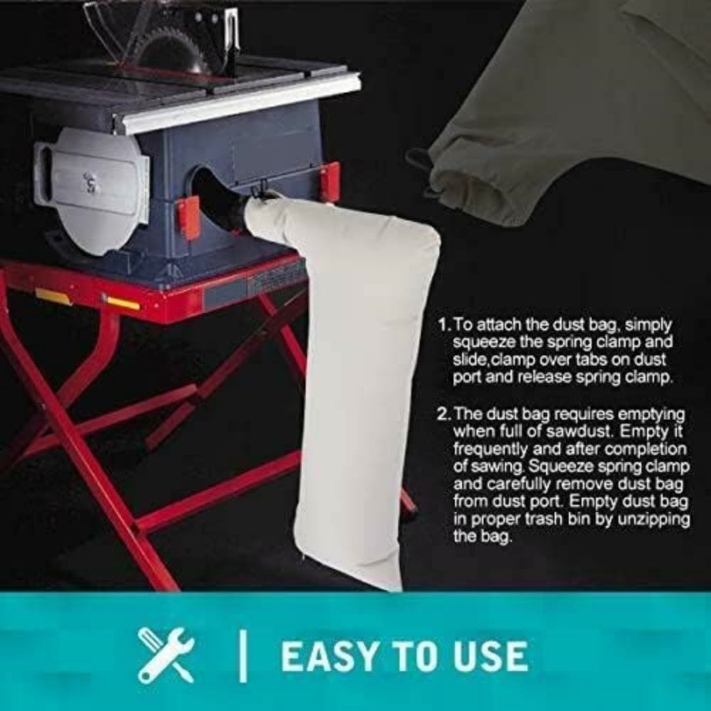 XHBAN bag dimensions indicate compatibility with 10-inch saws and 2.5-inch ports.