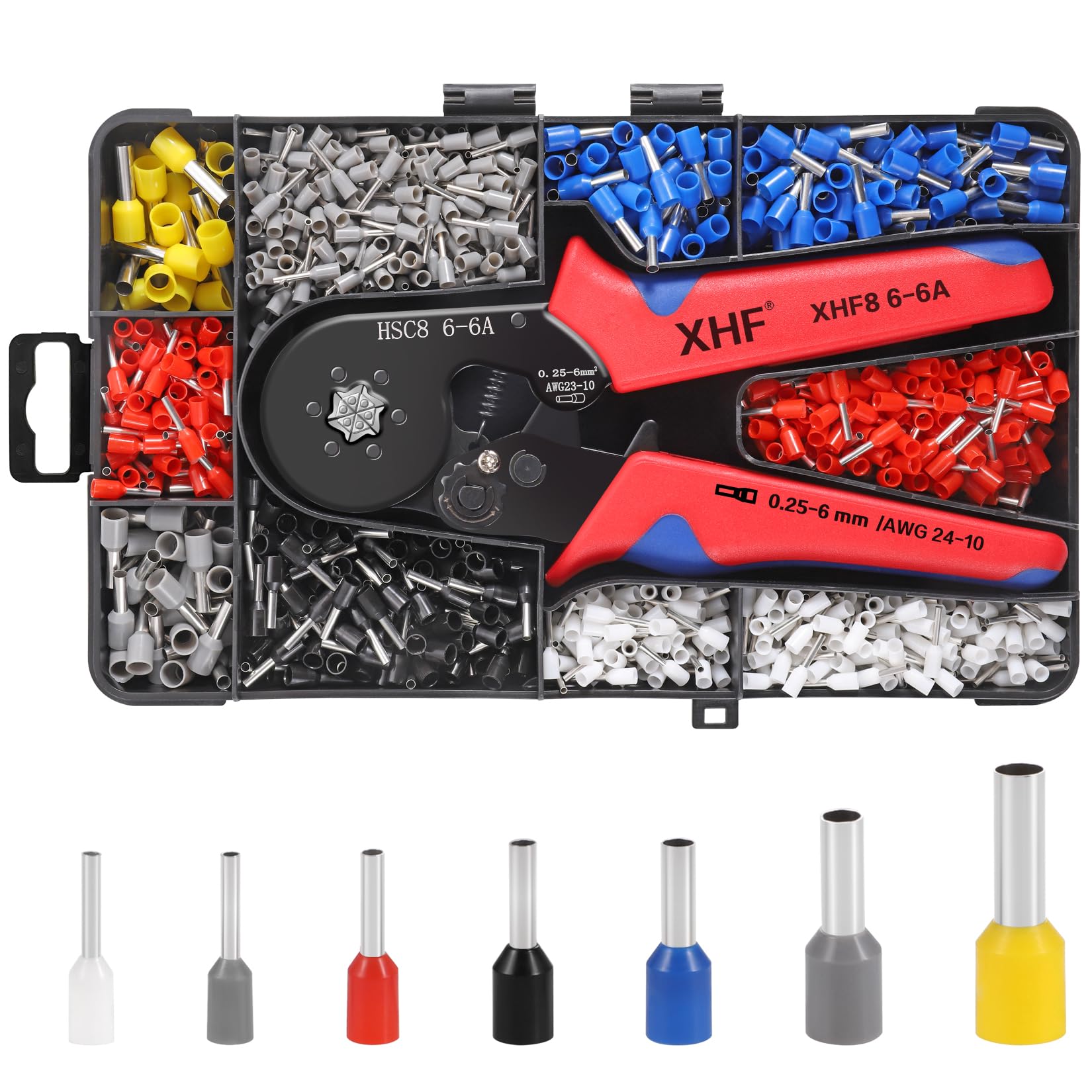 XHF ferrule crimping tool kit with hexagonal crimper delivers secure terminations.