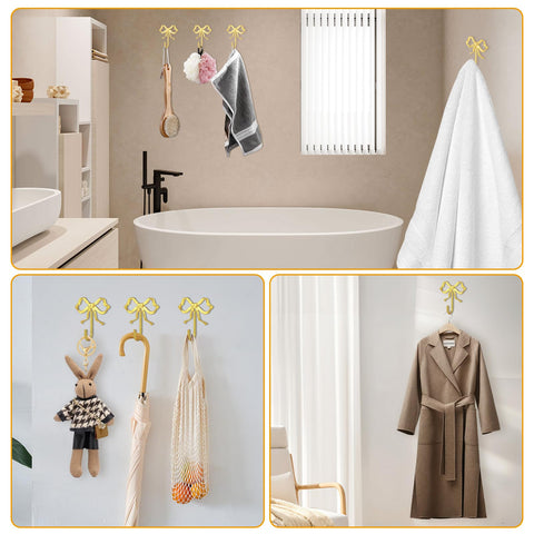 XHIPY gold bow wall hook packaging illustrates easy installation with screws and anchors