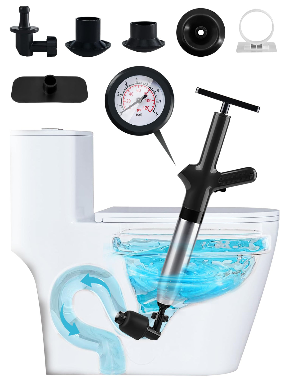 Xhwlgbal barometer-equipped toilet plunger shows real-time pressure for safer unclogging.