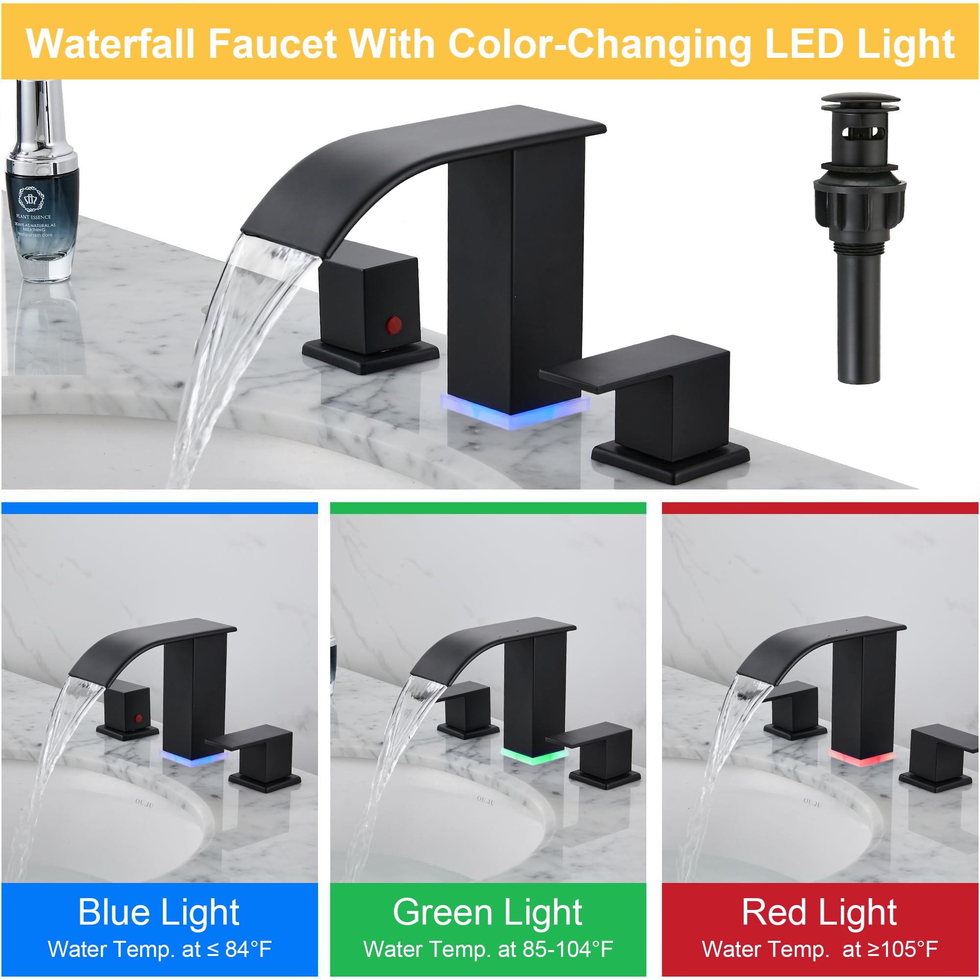 Xiangnaier LED-lit faucet close-up highlighting waterfall flow and contemporary finish.