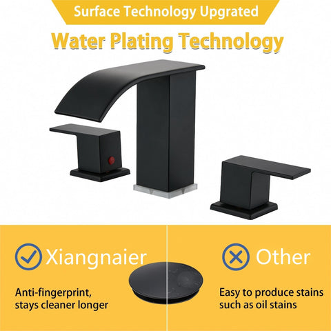 Xiangnaier matte black waterfall faucet with LED lighting for a modern vanity.
