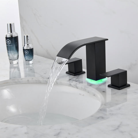 Xiangnaier side profile of widespread vanity faucet in matte black.
