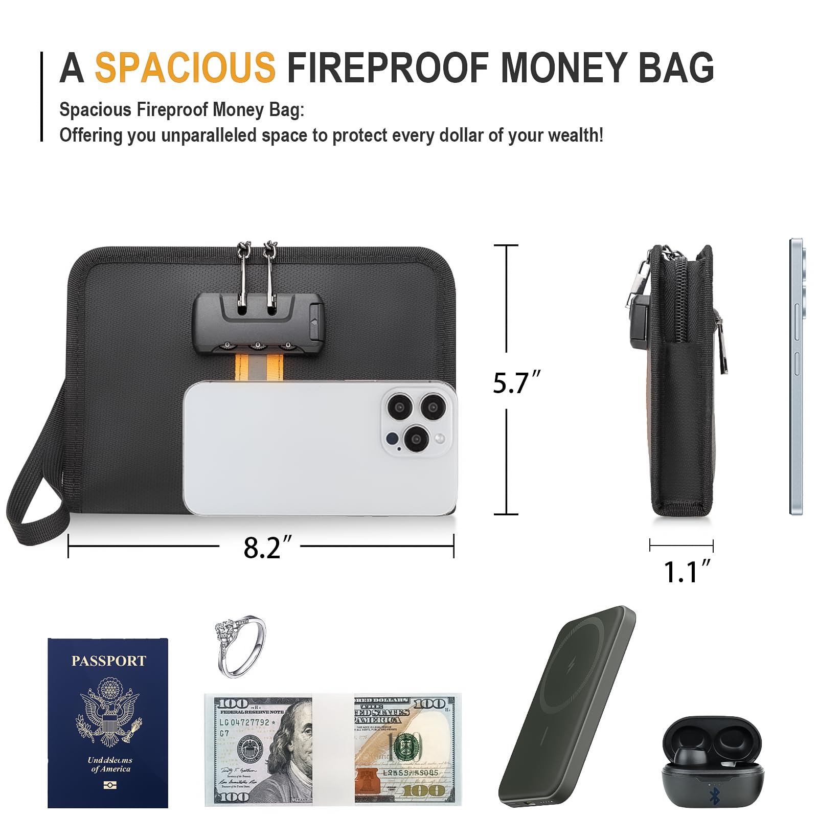 XIAODUN fireproof money bag shows waterproof zipper keeping contents dry.