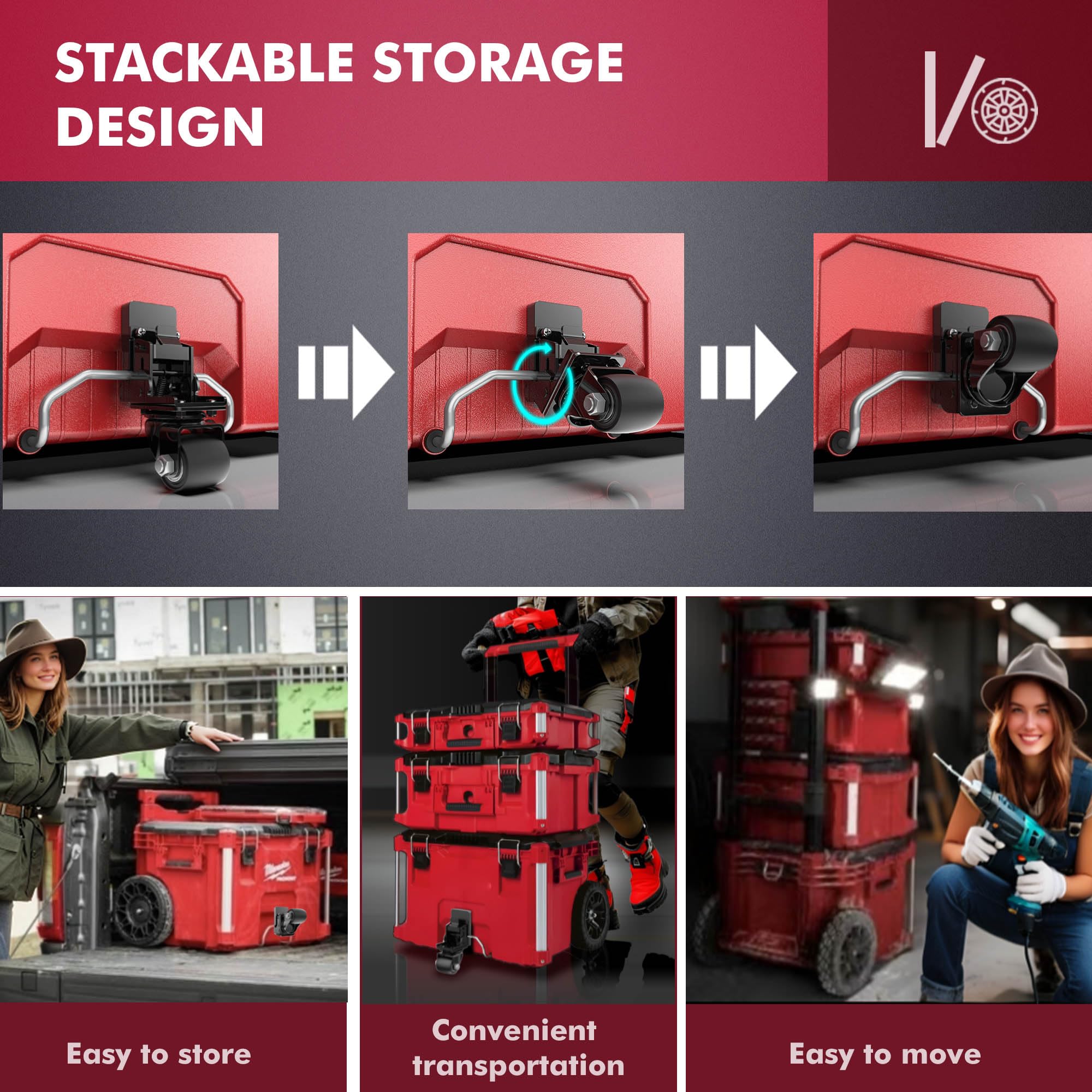 XIAOXINGYUN Packout caster 360 swivel enables precise steering in tight spaces.