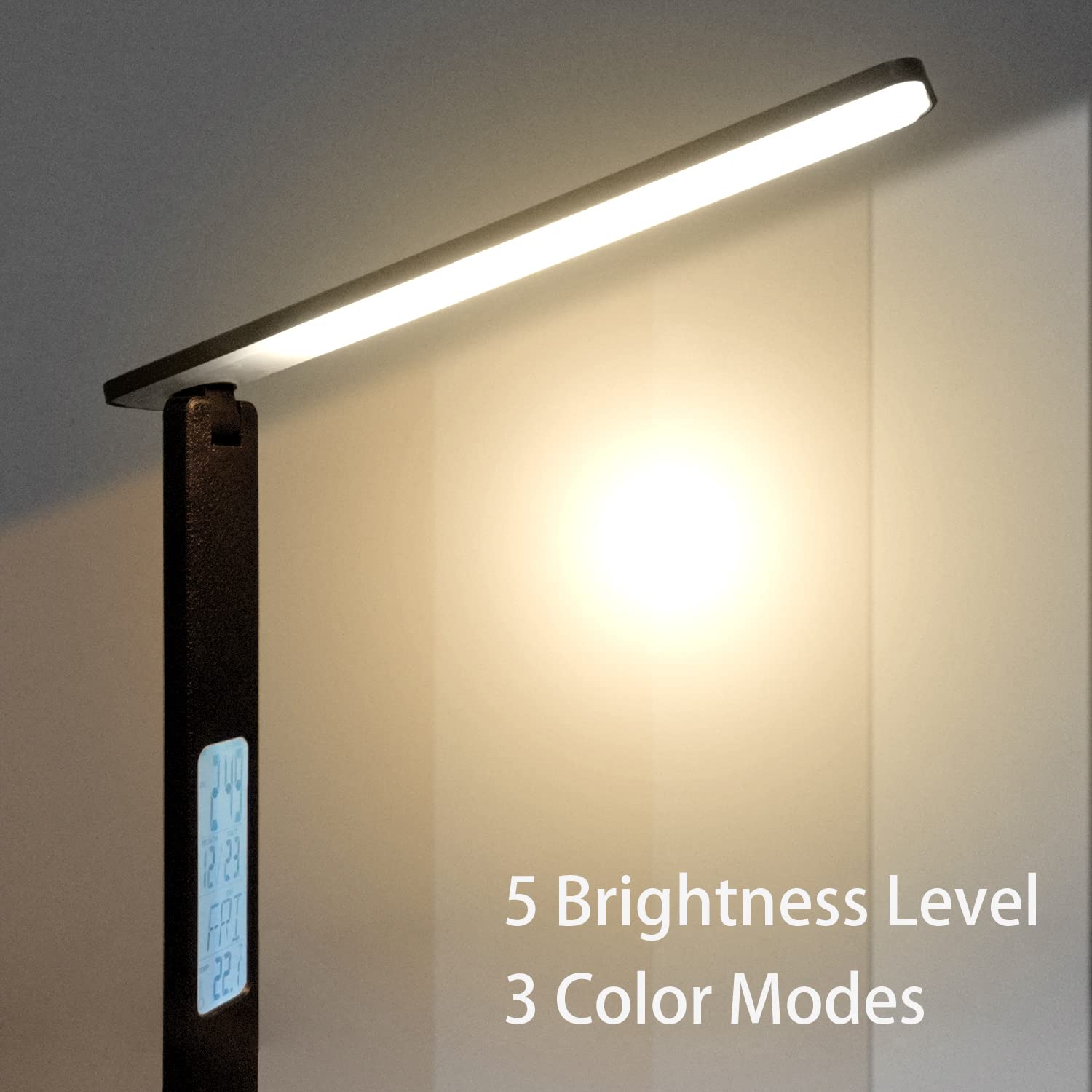 Xicyole desk lamp LCD display shows time, date, and temperature.