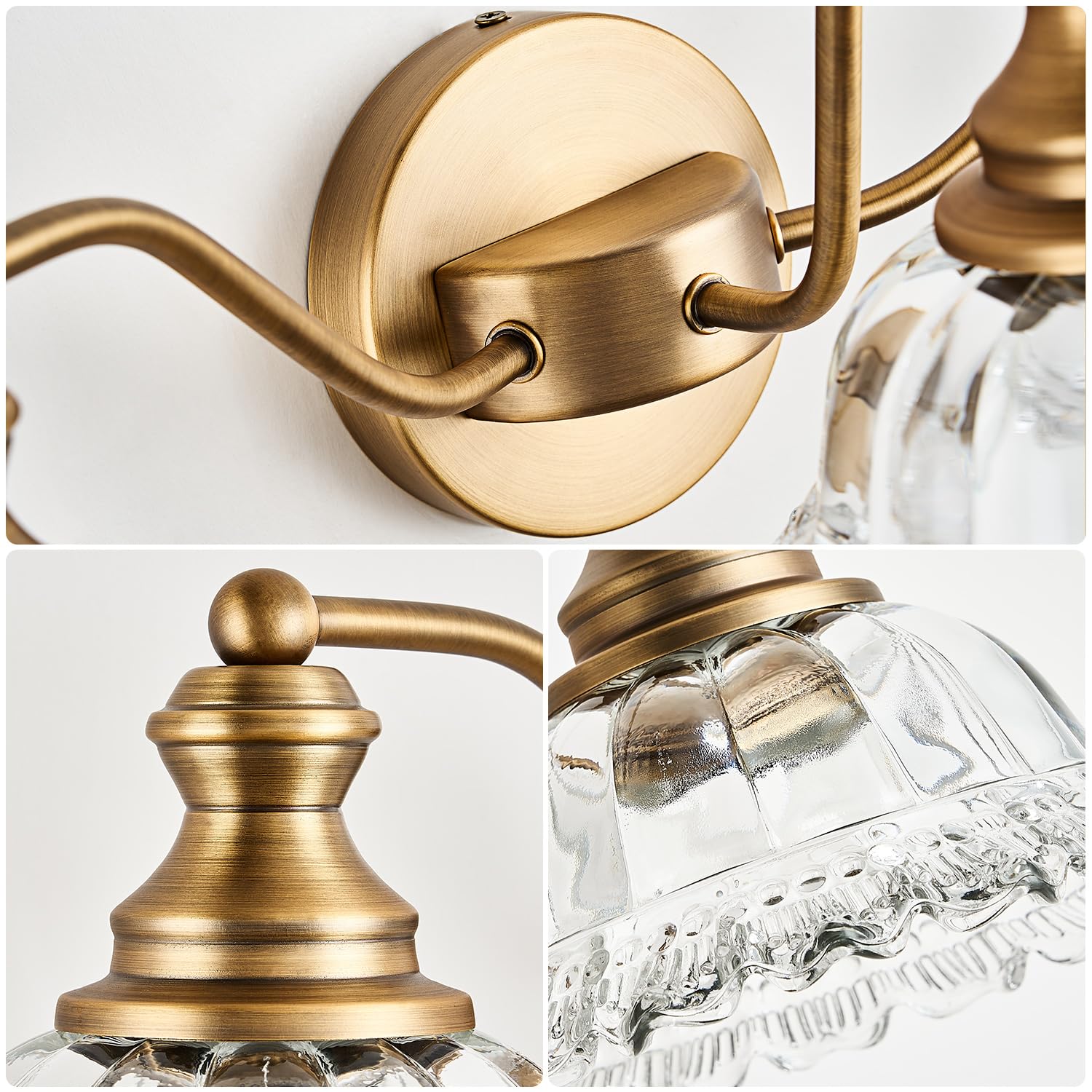 Detail of brass finish and crystal shade on XIEDUN vanity light
