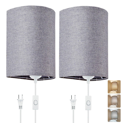 XIEYOR wall sconce with fabric linen shade in grey, ideal for cozy bedroom lighting.