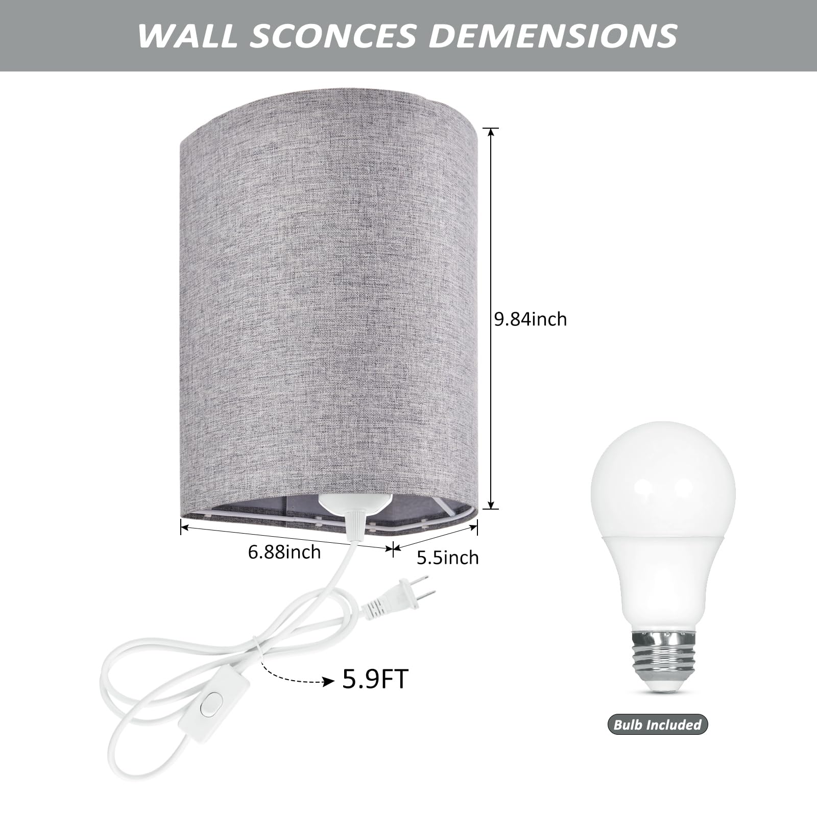 XIEYOR wall sconce side view shows plug-in design and switch for easy setup.