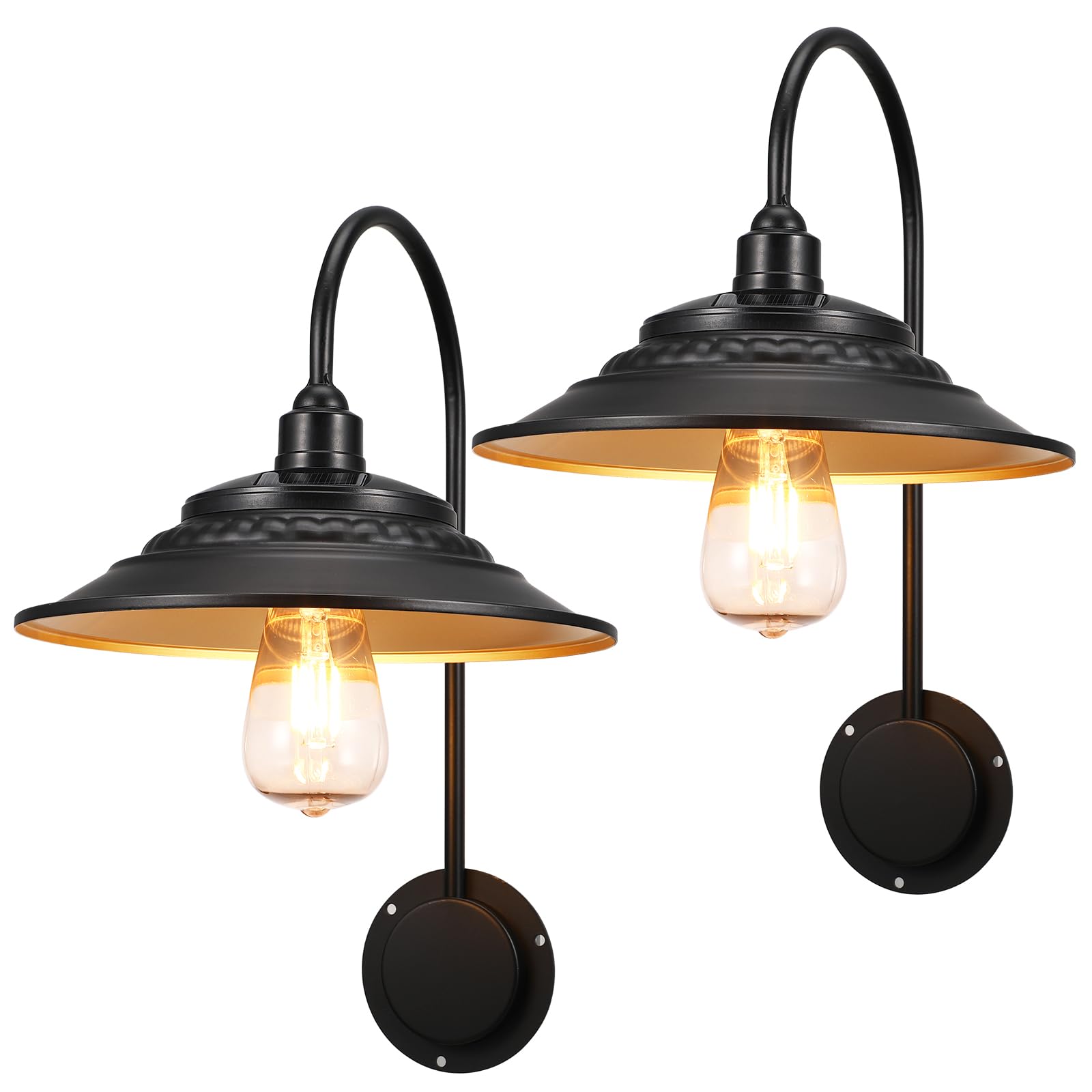 XIFEINIU solar barn lights 2-pack on exterior wall providing durable outdoor illumination