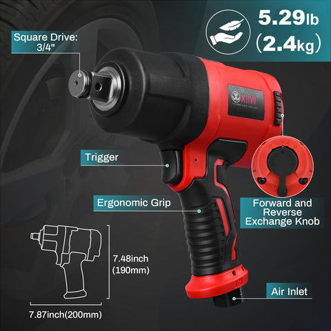 XIIW heavy-duty air impact wrench in action at 7000 RPM for fast lug nut removal.