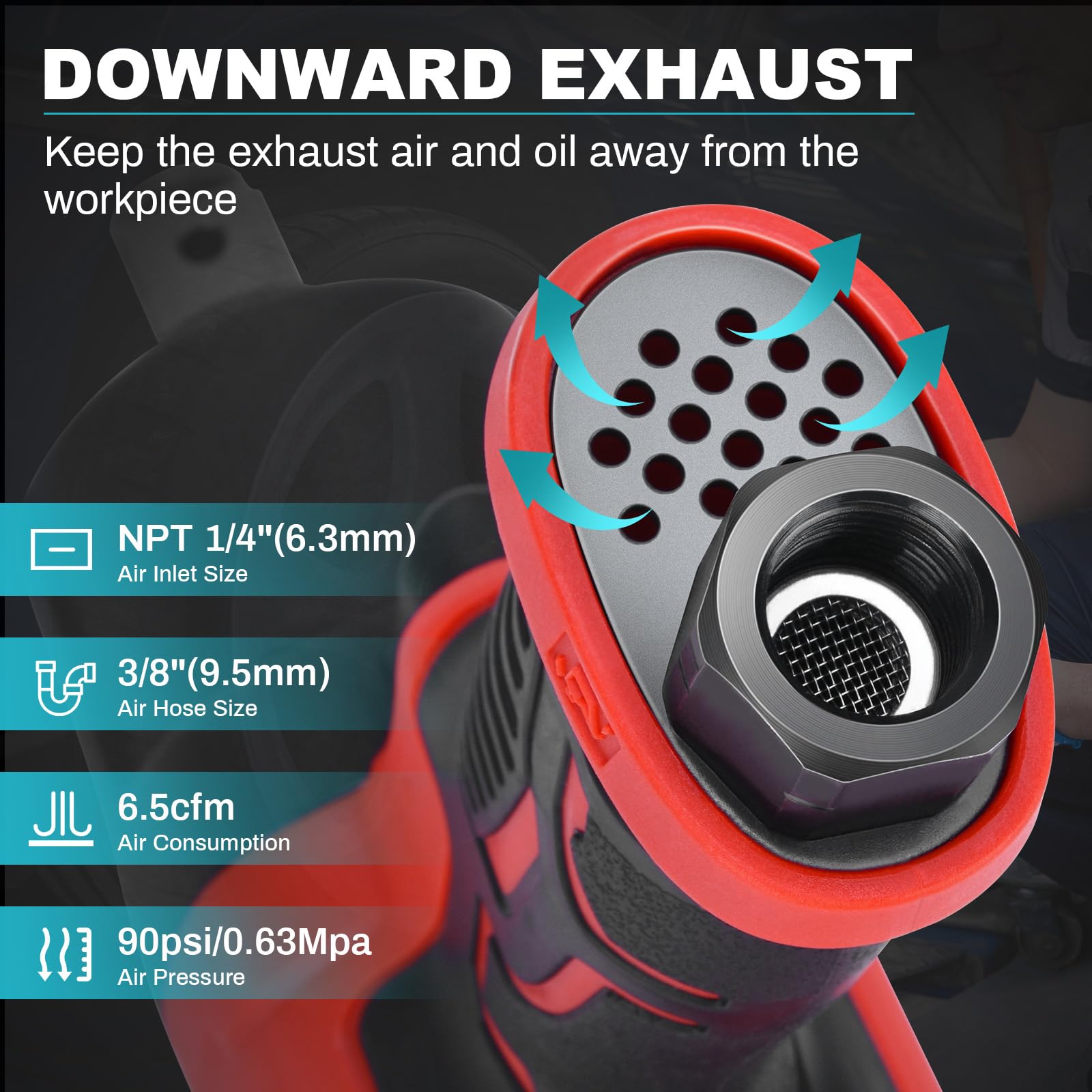 XIIW rear-exhaust muffler reduces noise and keeps debris away from workpiece.