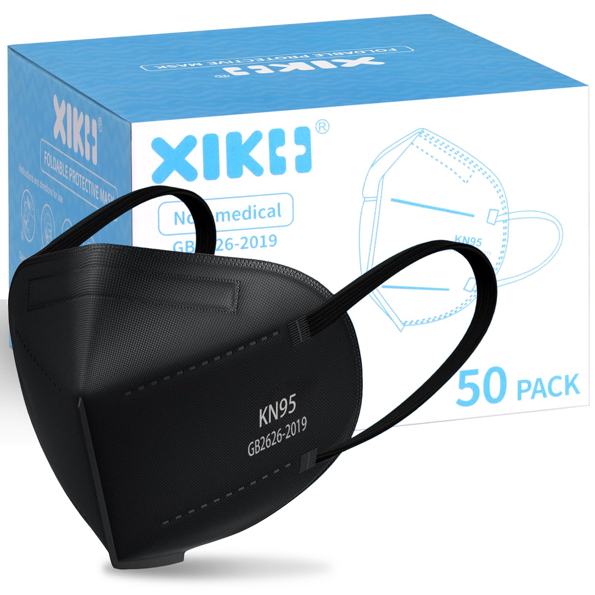 XIKII Black KN95 mask in vacuum-packed box for easy storage.