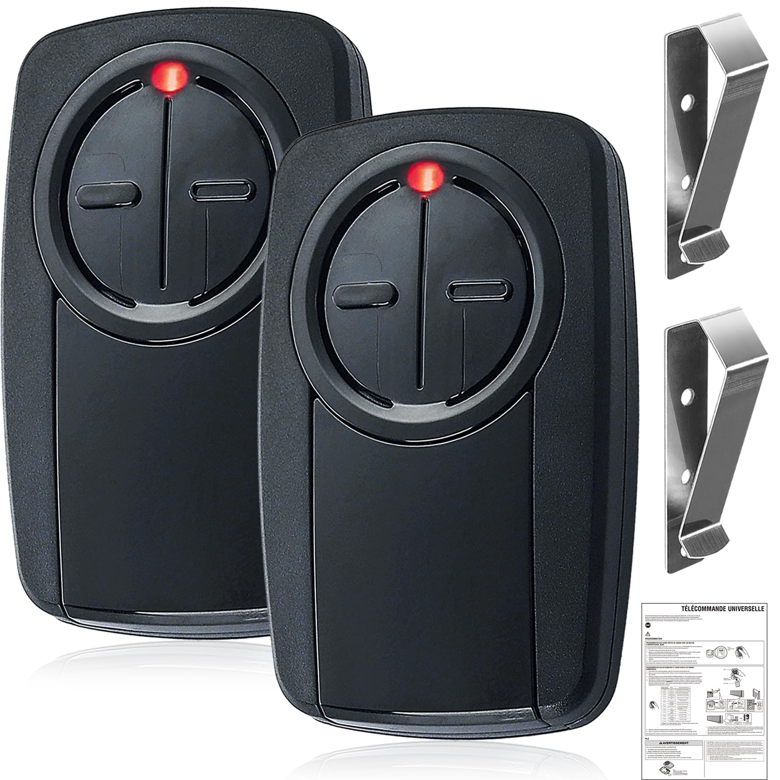 XINAXDE KLIK5U-BK2 remote front view showing universal 2-button design for easy door control