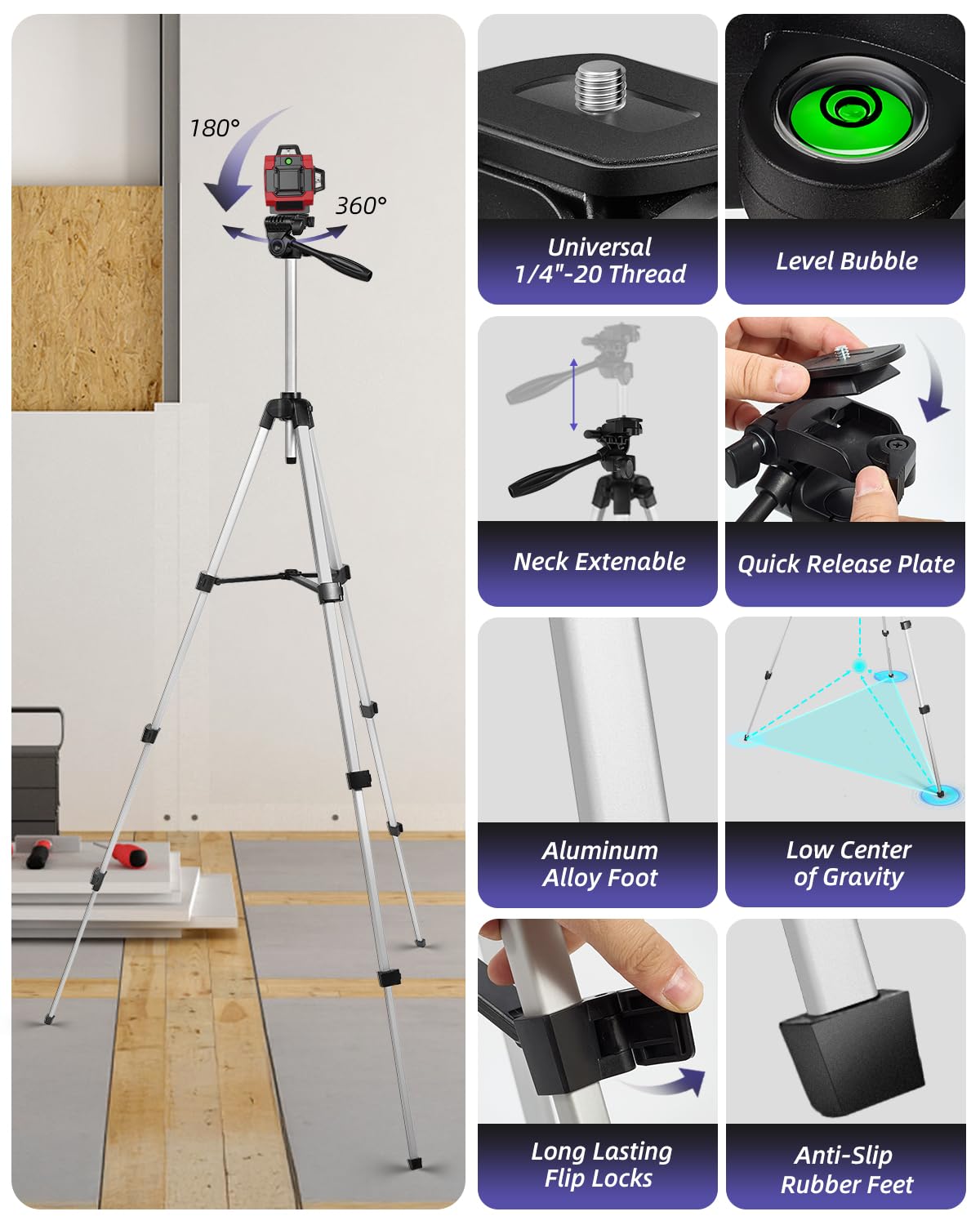 Xincere quick-release plate speeds setup for fast laser line leveling.