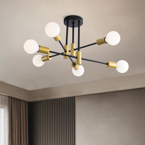 XINGSIYUELYX sputnik fixture with six black-and-gold arms for bold ambient lighting.