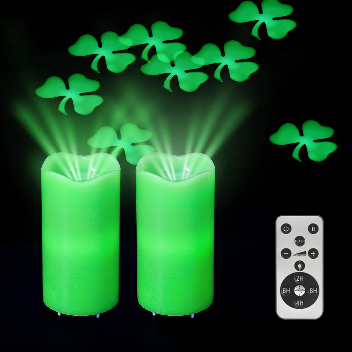 XingsLight lucky-clover projection candles brighten walls with festive decor for St Patrick's Day
