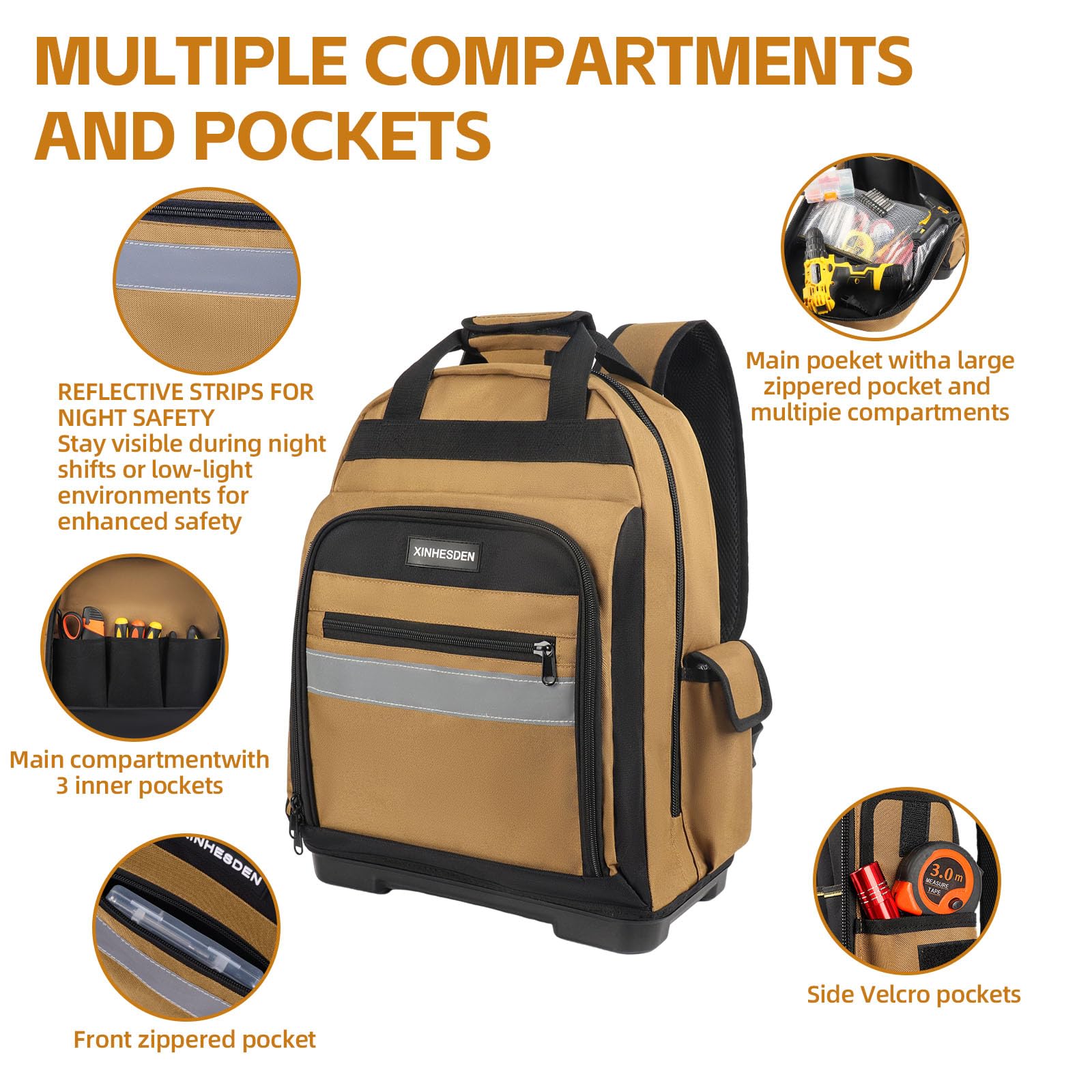 XINHESDEN electrician backpack features adjustable soft shoulder straps for comfort