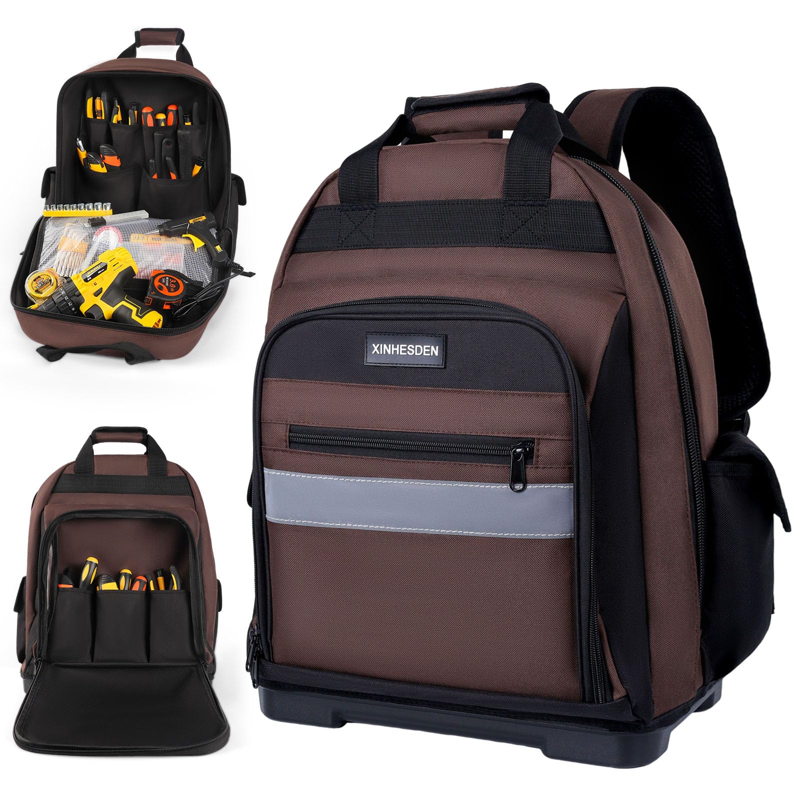 XINHESDEN tool backpack with heavy-duty base provides stable standing on uneven surfaces.