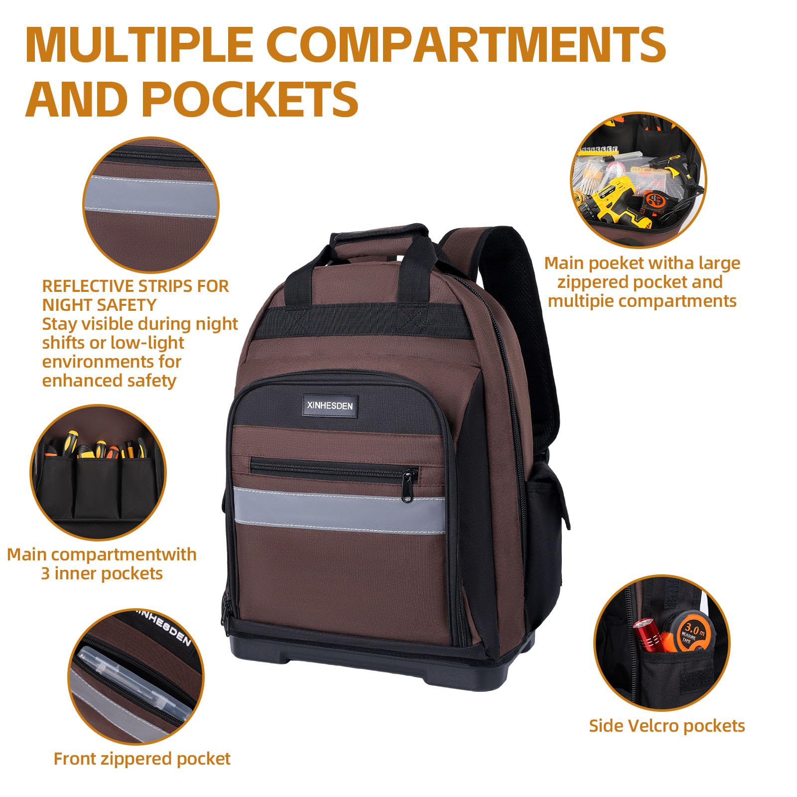 XINHESDEN tool backpack molded base keeps tools organized and spills contained.