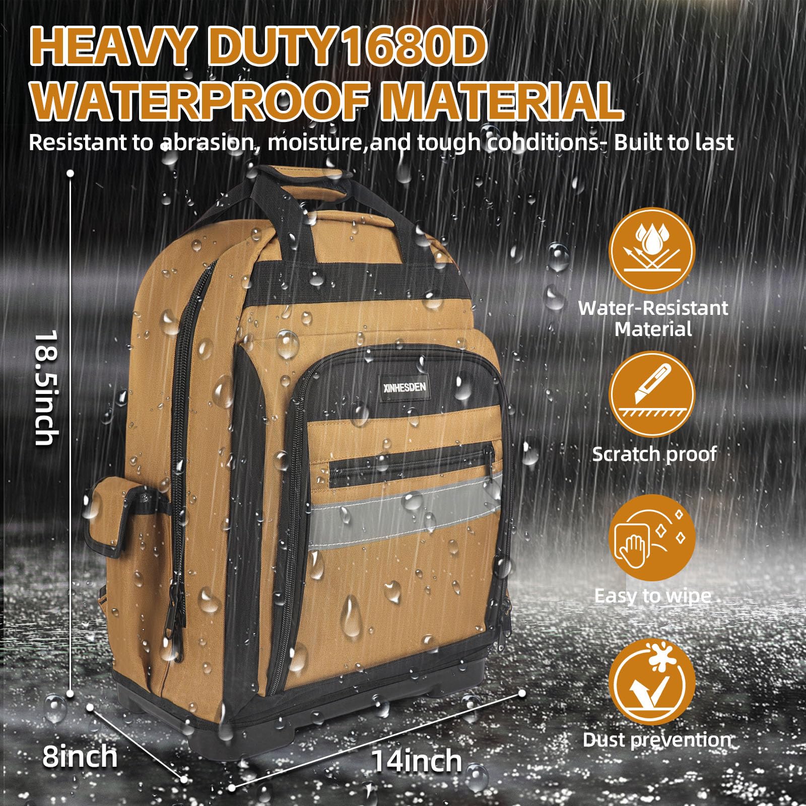 XINHESDEN tool backpack reflective front strips for better visibility