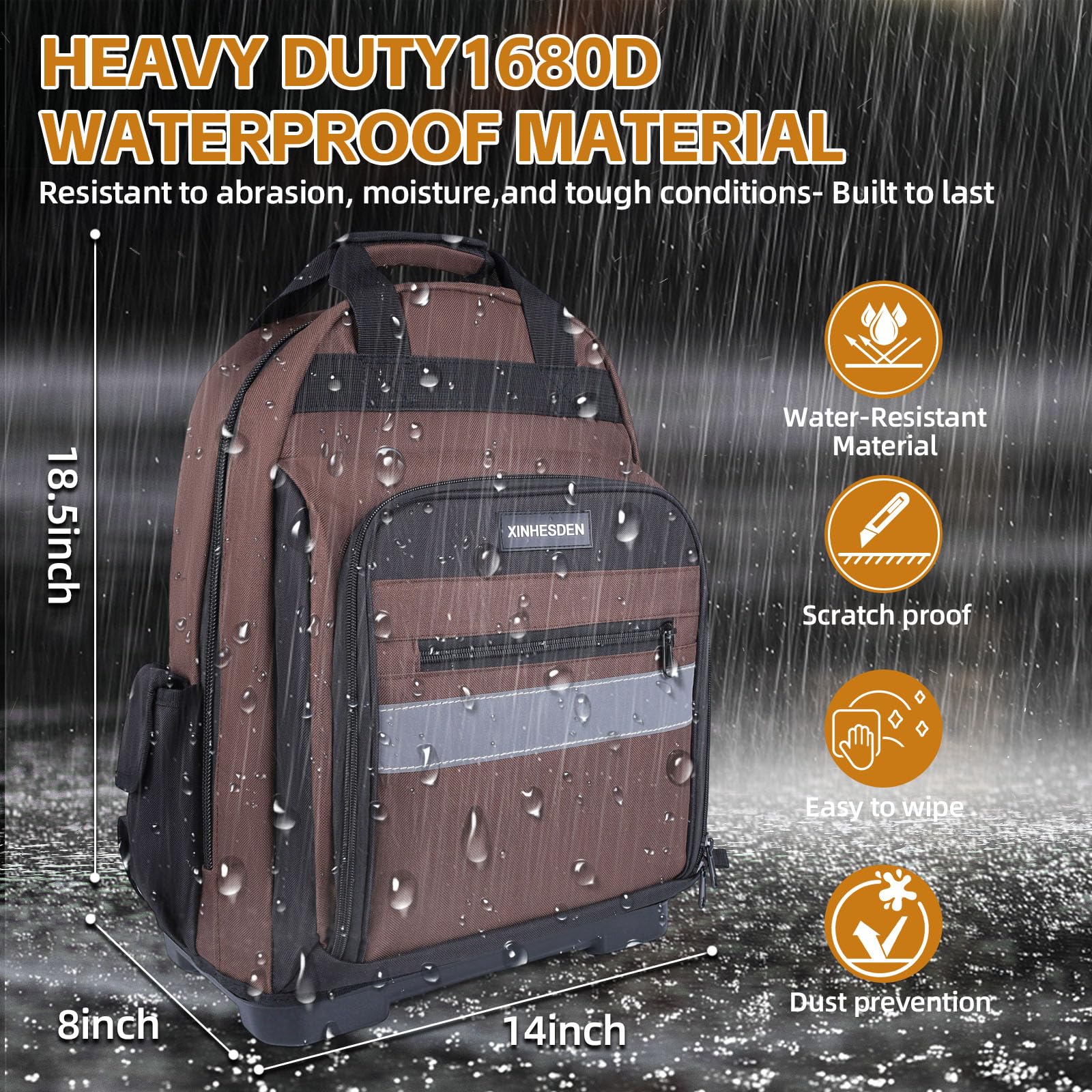 XINHESDEN tool backpack reflective strips enhance visibility during low-light work.