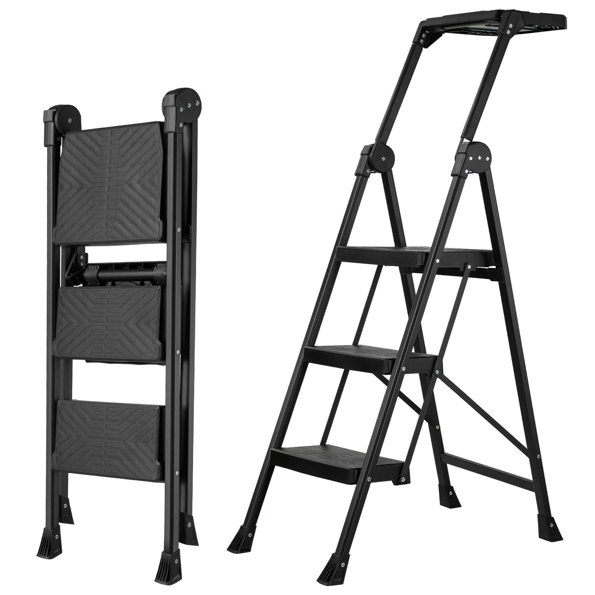 XinSunho 3-step ladder with foldable handrail for stable reach and tool tray.